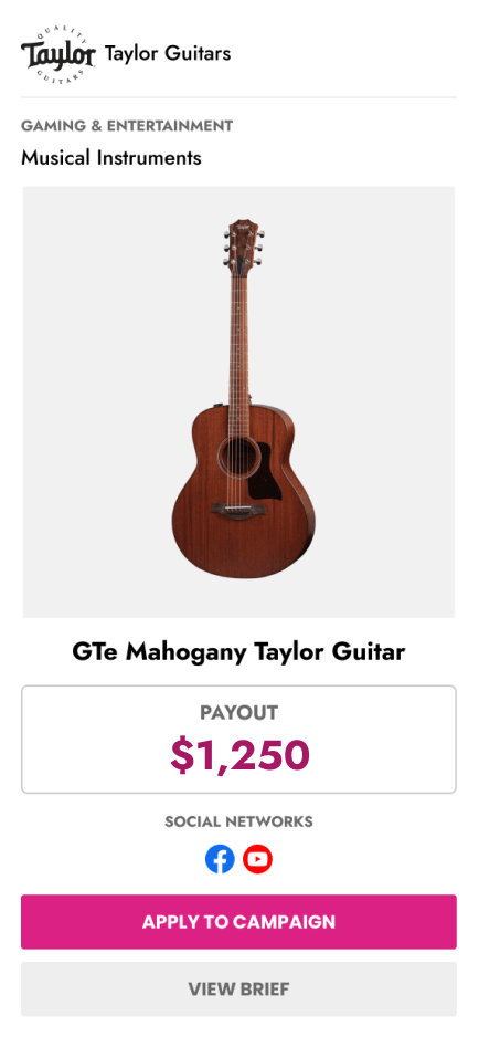 Payout Card - Taylor Guitars GTe