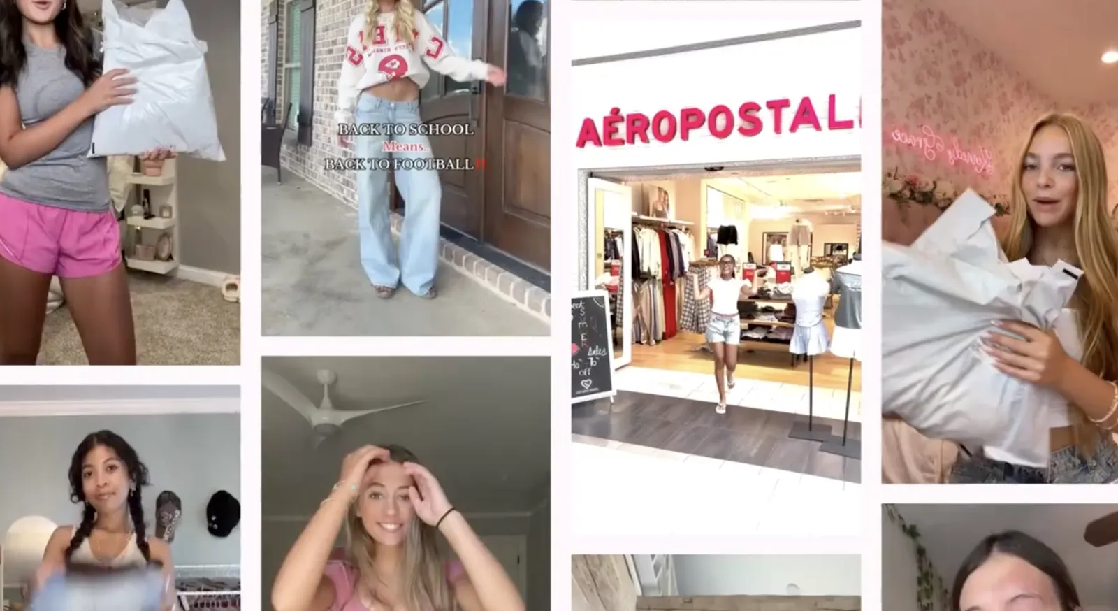 Grid of Aeropostale influencer and A Team associate videos side by side