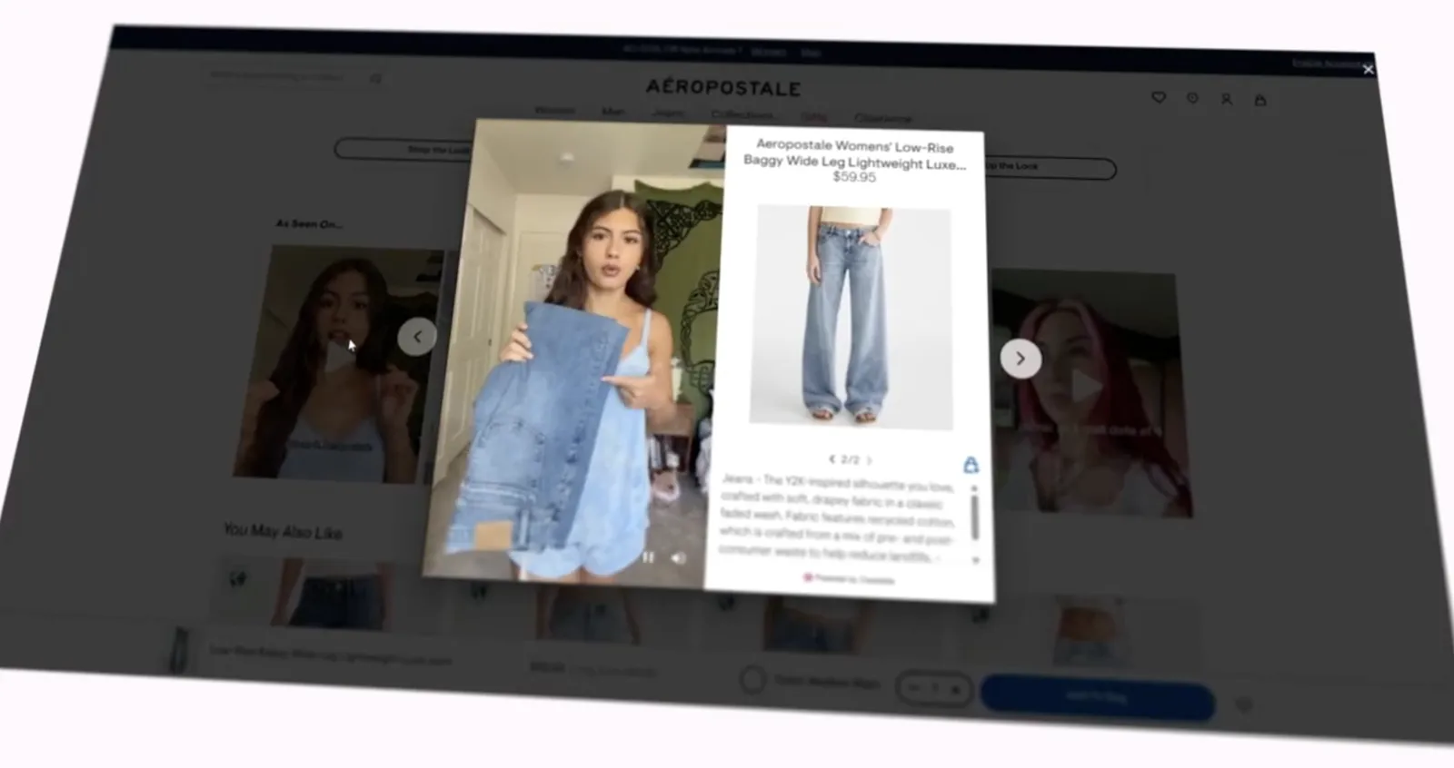 Aeropostale product page with a shoppable creator video player