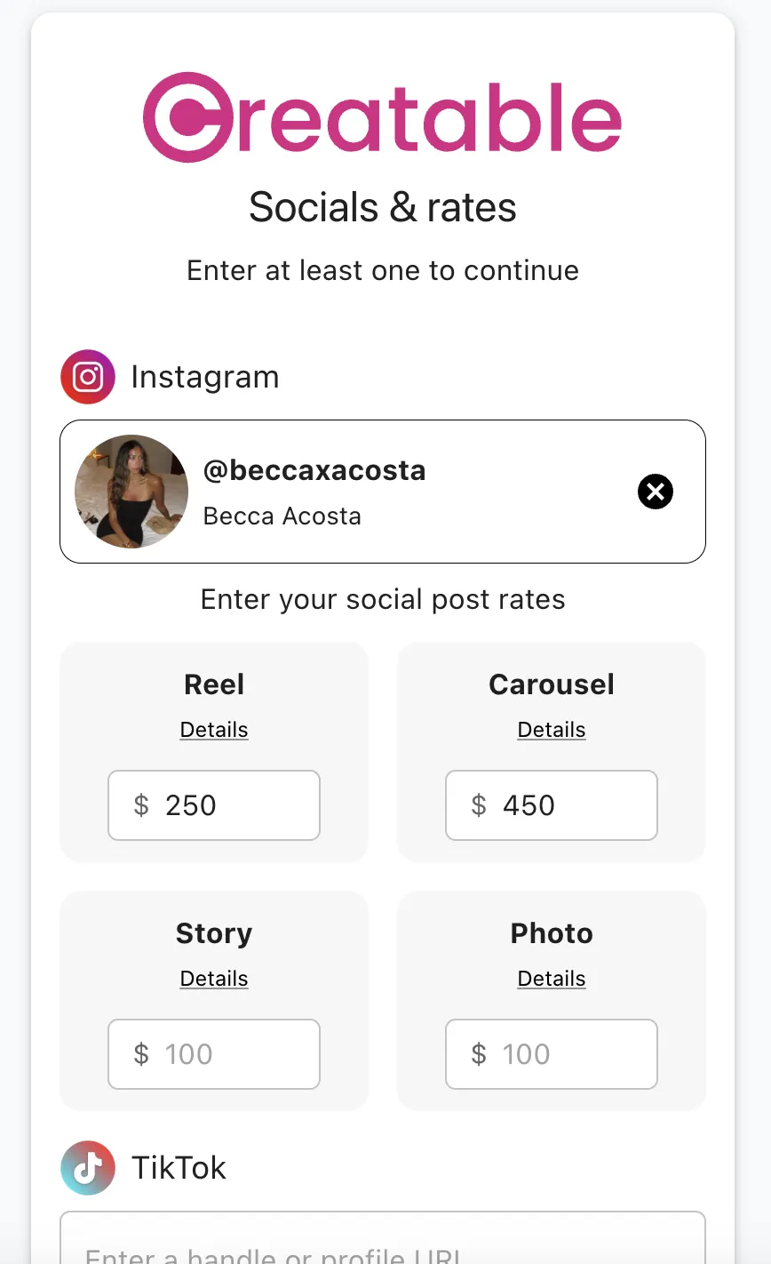 Creator app — rate card and booking request