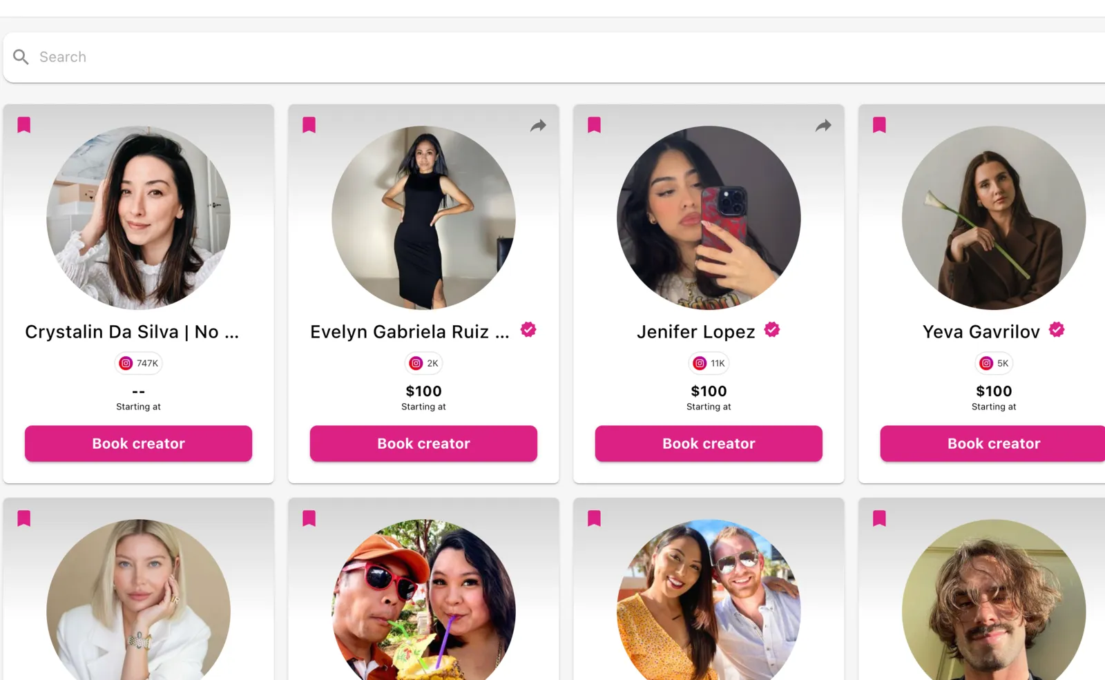 Influence creator discovery — priced, verified, bookable