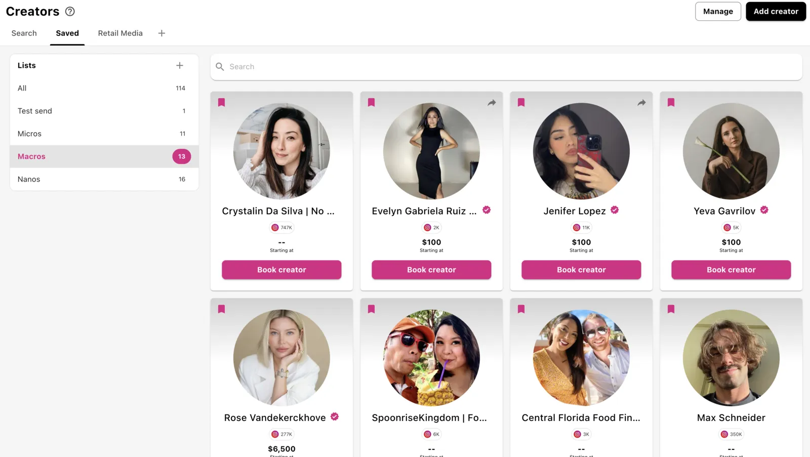 Creator search results — colorful creator grid