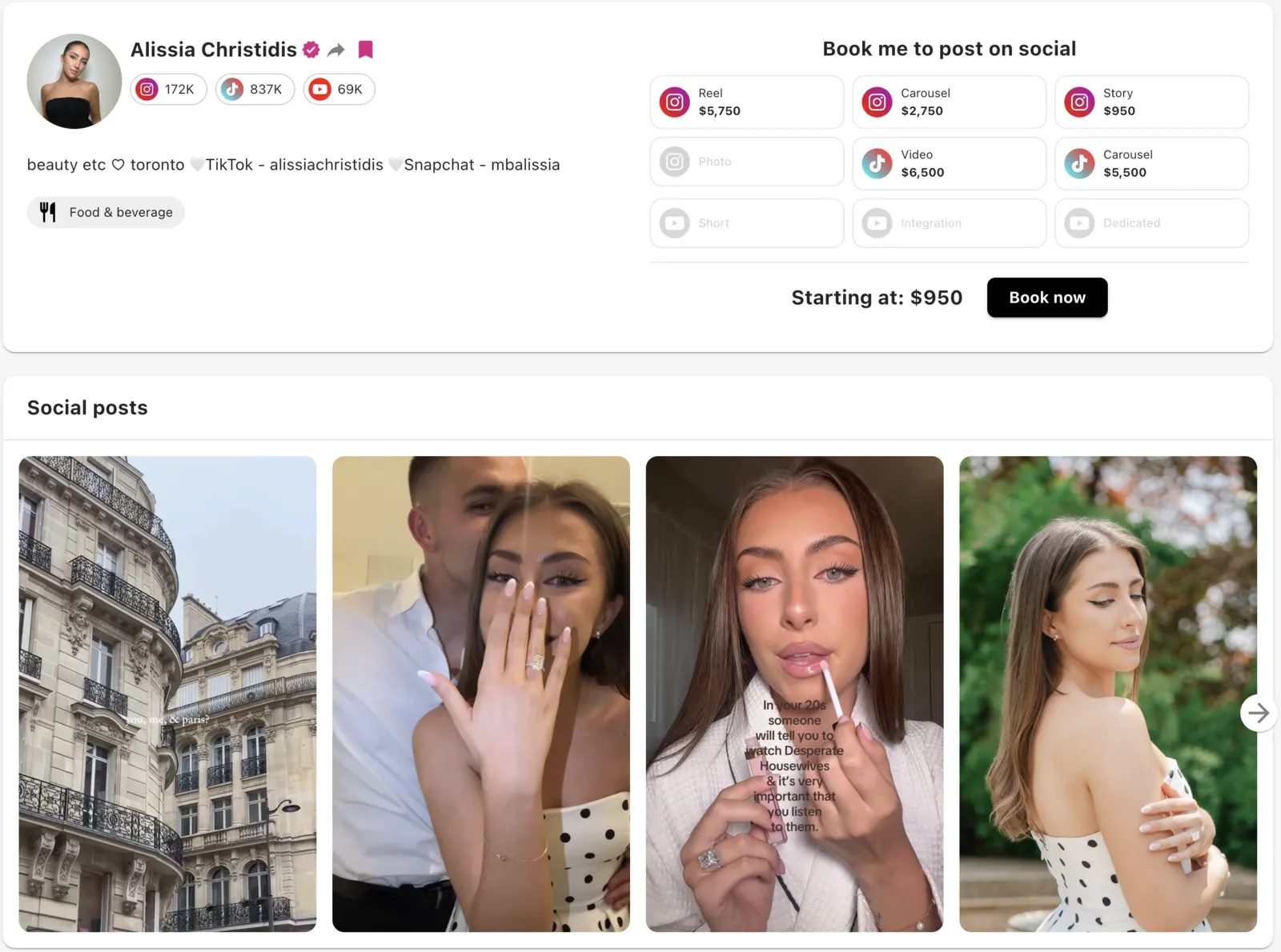 Creator profile with published rates per deliverable