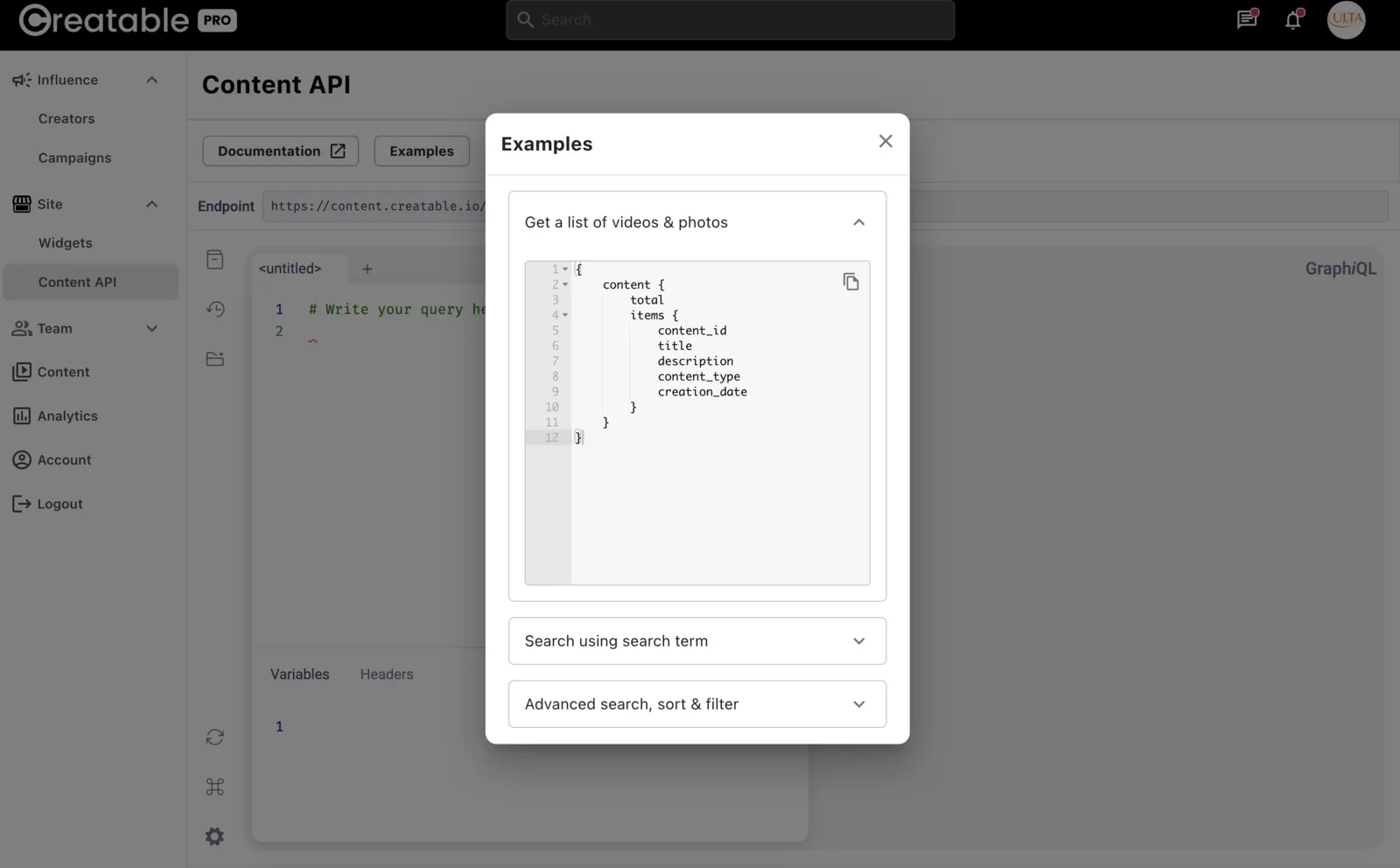 Content API response powering a custom experience