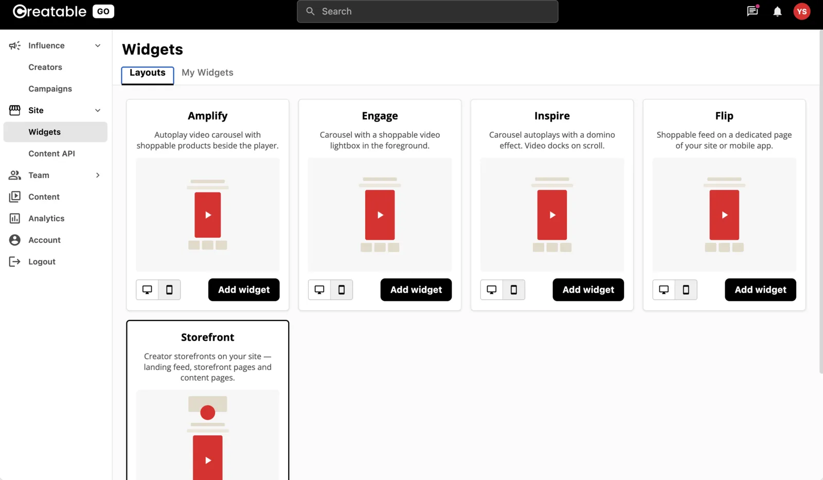 The five widget layouts side by side
