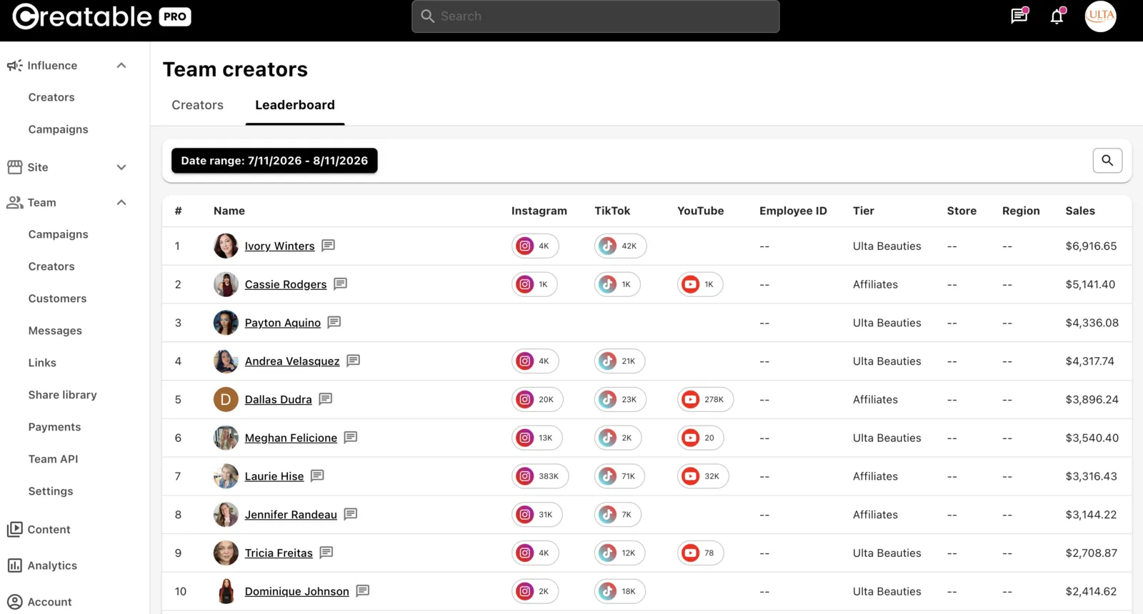 Team dashboard — roster, tiers and leaderboard
