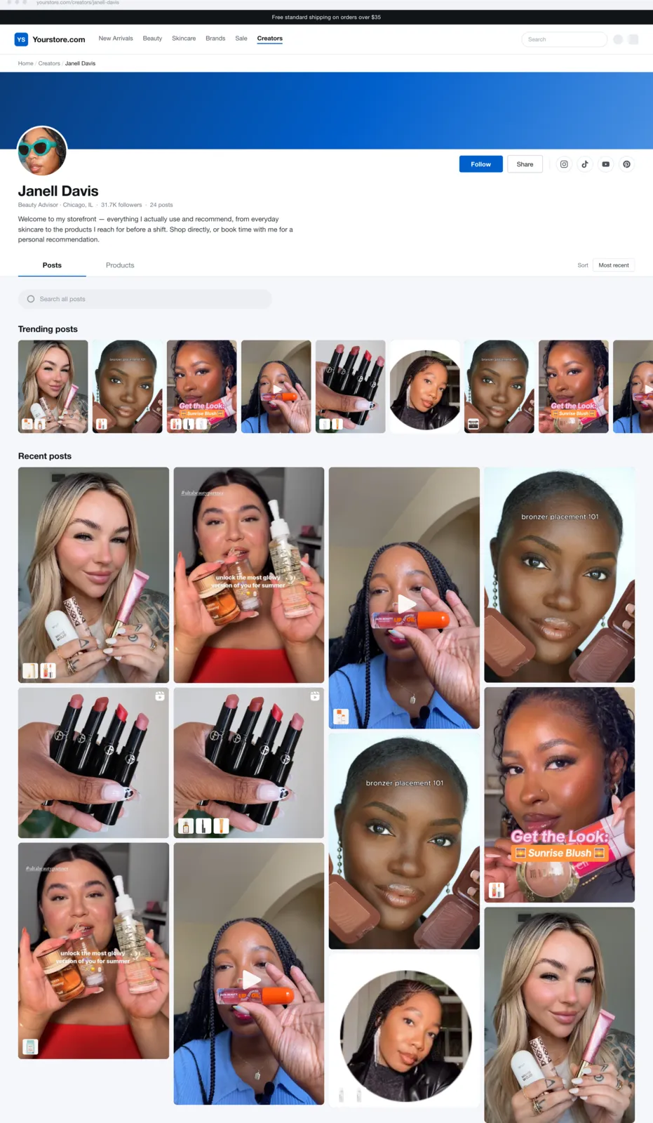 Inside a Team storefront — profile header, posts, products