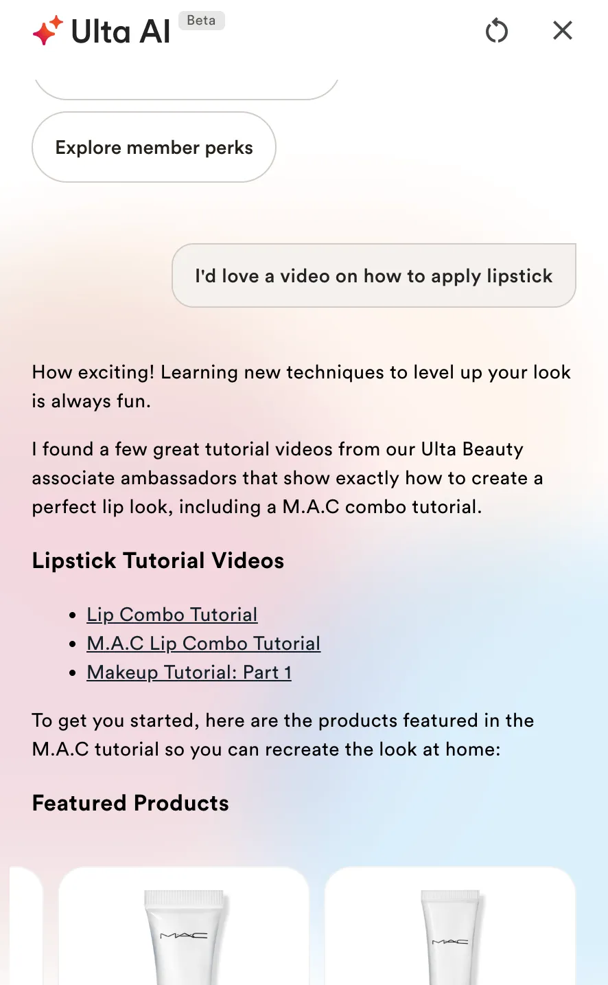 Ulta AI recommending associate ambassador lipstick tutorial videos